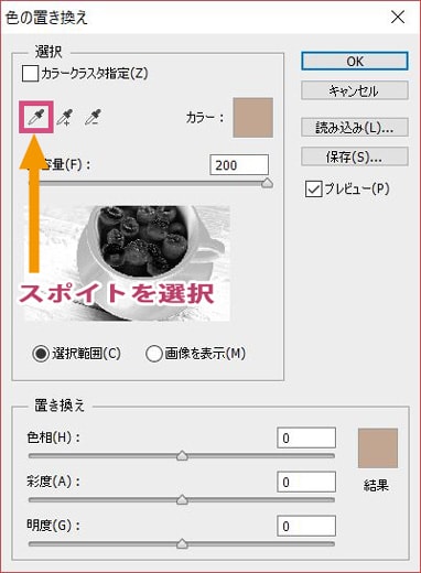 色の置き換えダイアログでスポイトを選択